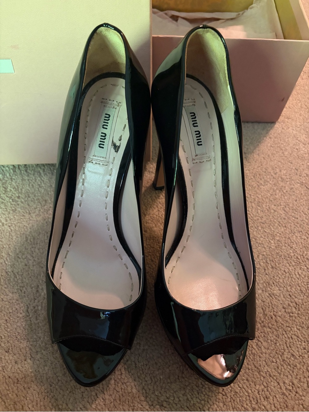 Miu Miu Black Patent Leather Peep-Toe Heels - Picture 3 of 7